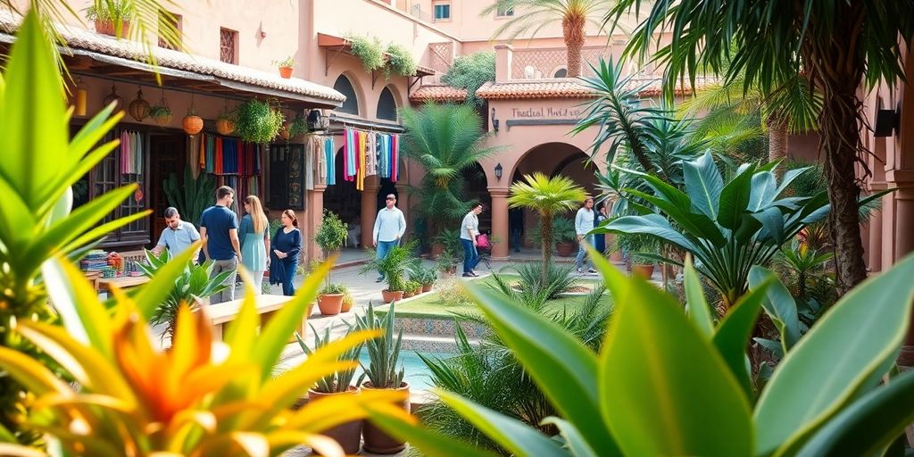 Vibrant Marrakech scene with gardens and traditional architecture.