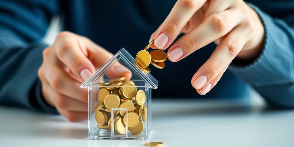 Personne versant des pièces dans une tirelire en forme de maison.