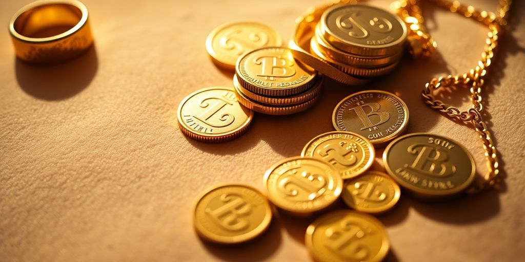 Des pièces d'or et des bijoux sur un fond velouté.