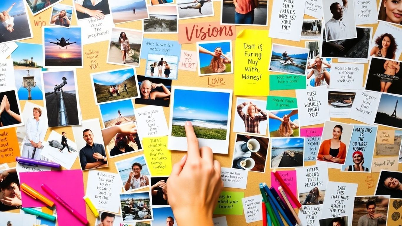 Vision board with inspiring images and hand adding a photo.