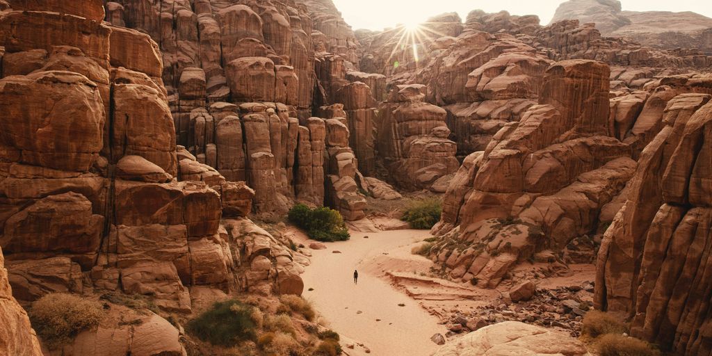 a person walking through a canyon in the desert