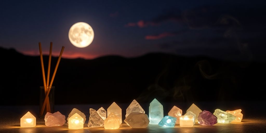 Crystals and incense beneath a glowing Strawberry Moon.