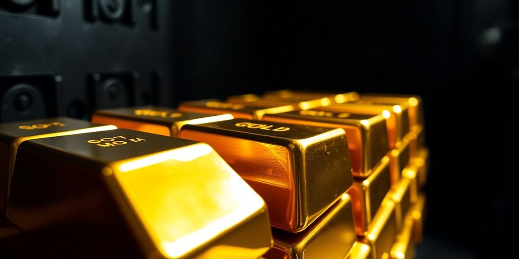 Lingots d'or empilés dans un coffre-fort sombre et mystérieux.