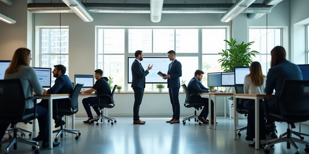 Profissionais discutindo em um escritório moderno e iluminado.