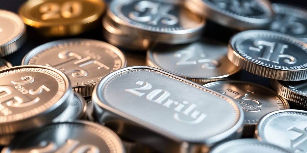 Pièces et lingots d'argent brillants sur fond flou.