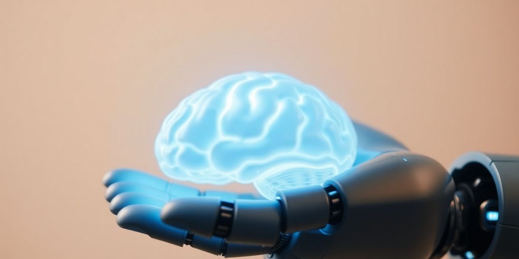 Robot hand holds glowing AI brain.