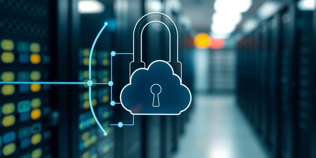 Digital padlock with cloud imagery for security.