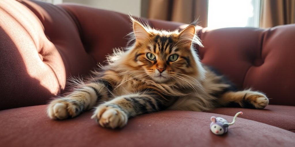 A cat lounging on a couch