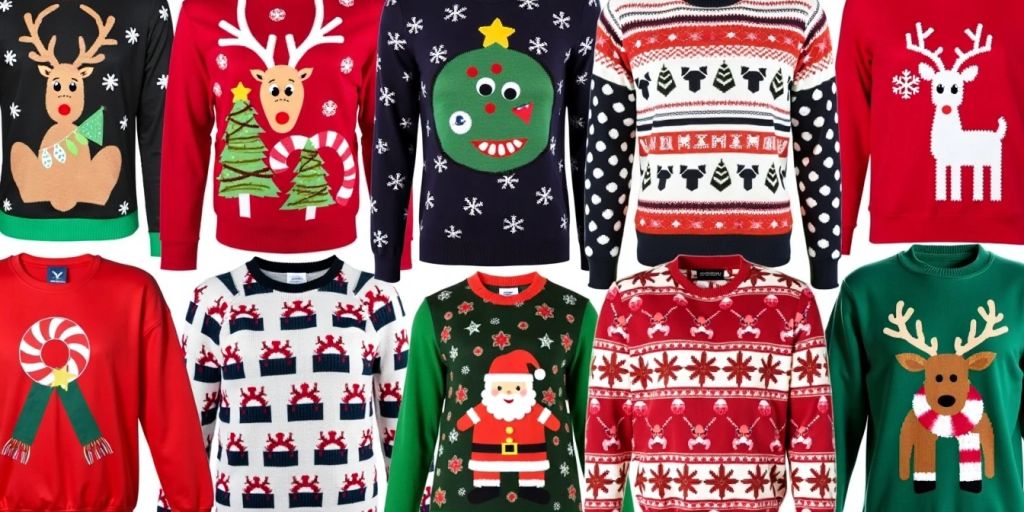 Colourful Christmas jumpers with festive patterns and designs.
