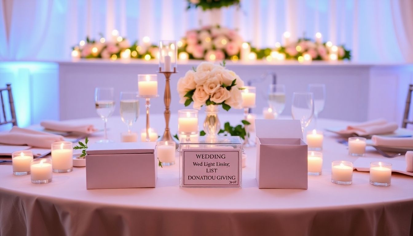 Elegant wedding table with charity donation box and flowers.