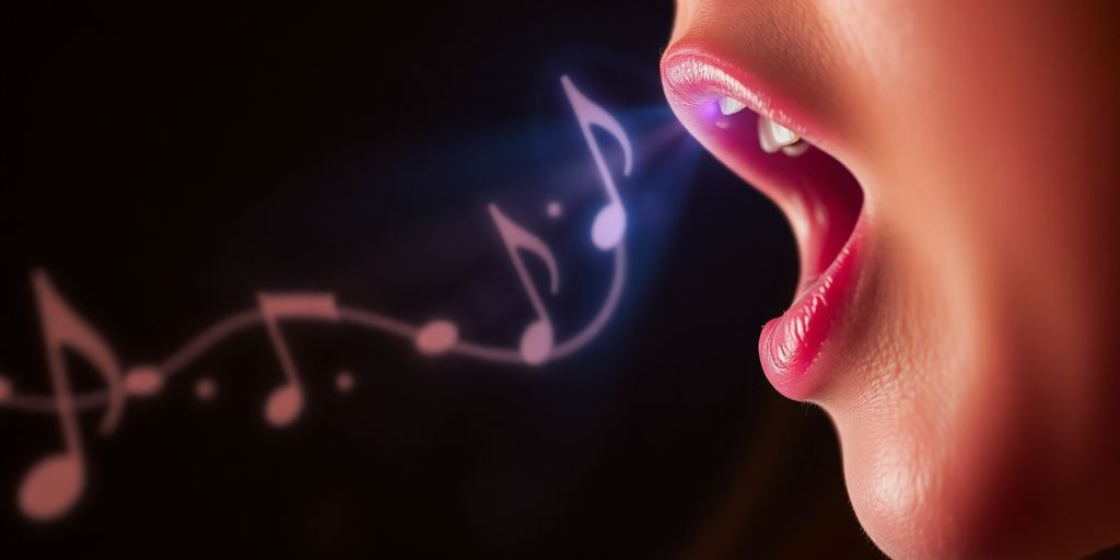Person singing, lyrics flowing, music notes.