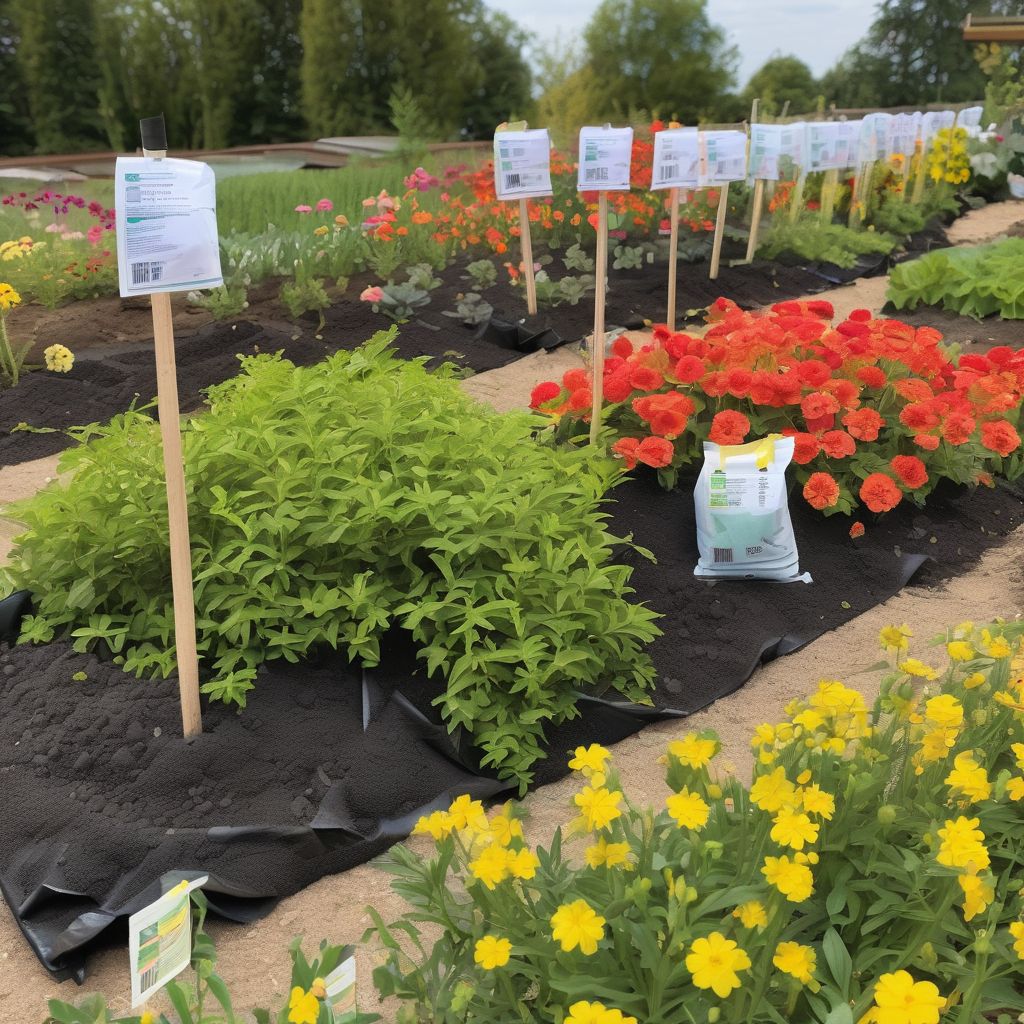 garden with various plants and flowers, close-up of fertilizer bags with NPK ratios visible on labels