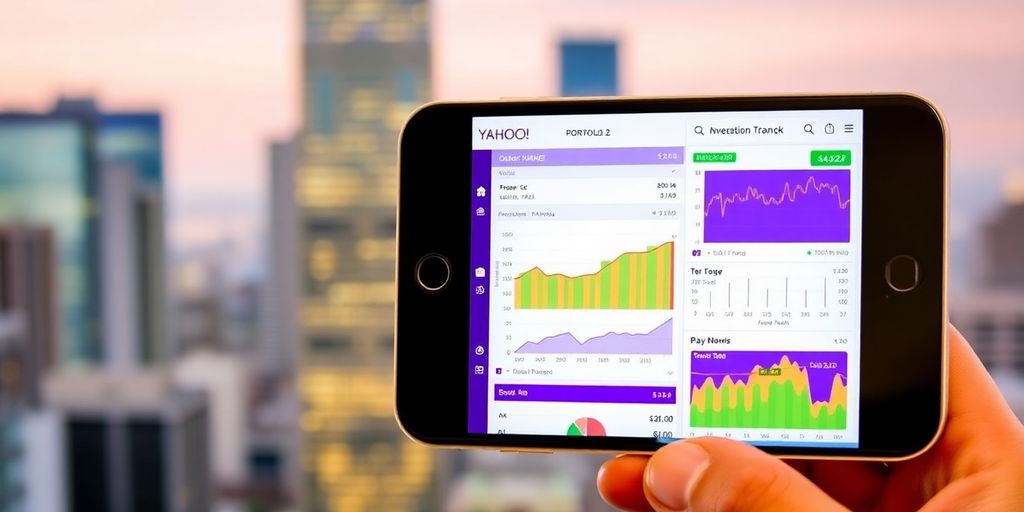 Smartphone with Yahoo Finance app in a city setting.