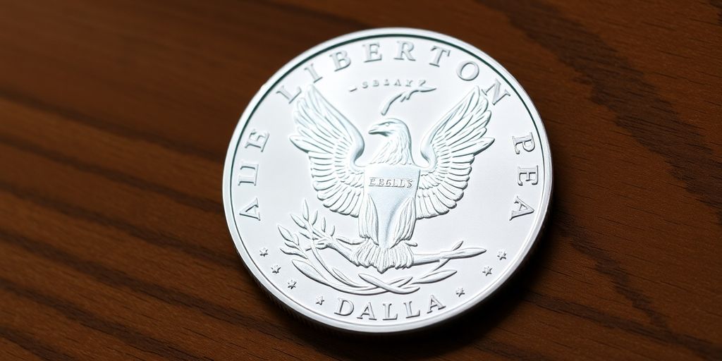 Close-up of a Silver Eagle coin on wood.