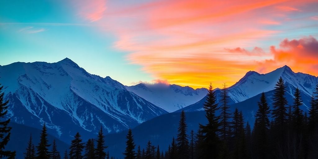 Scenic view of Alaskan landscape with mountains and sunset.