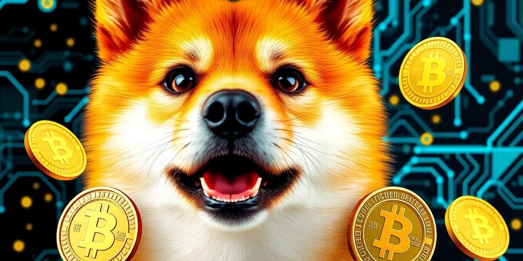 What’s Next for Dogecoin? A Look Into Future of Dogecoin 3 Close-up of Shiba Inu with cryptocurrency coins around it.