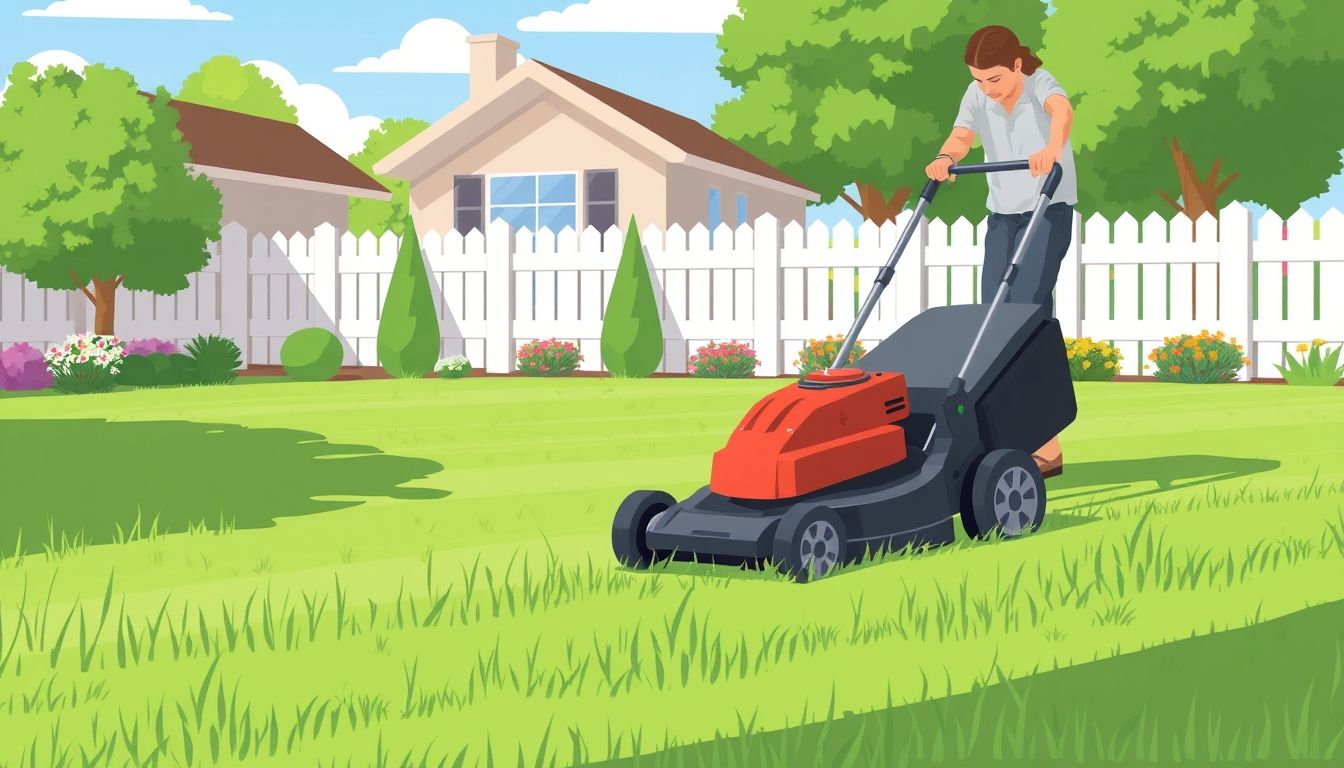 Person mowing a well-maintained lawn