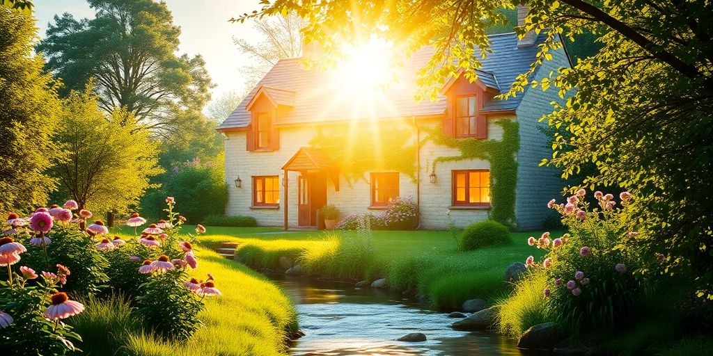 Vibrant Thomas Kinkade painting of a cozy cottage.