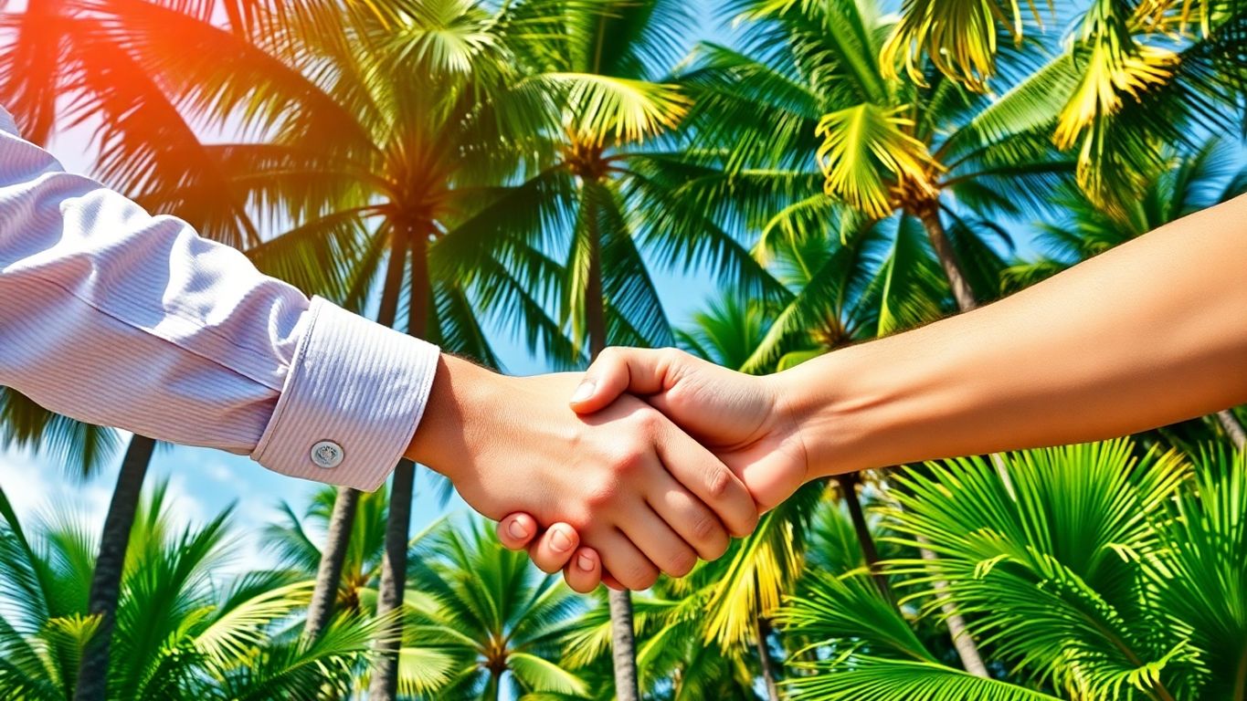 Two hands shaking in front of palm trees.