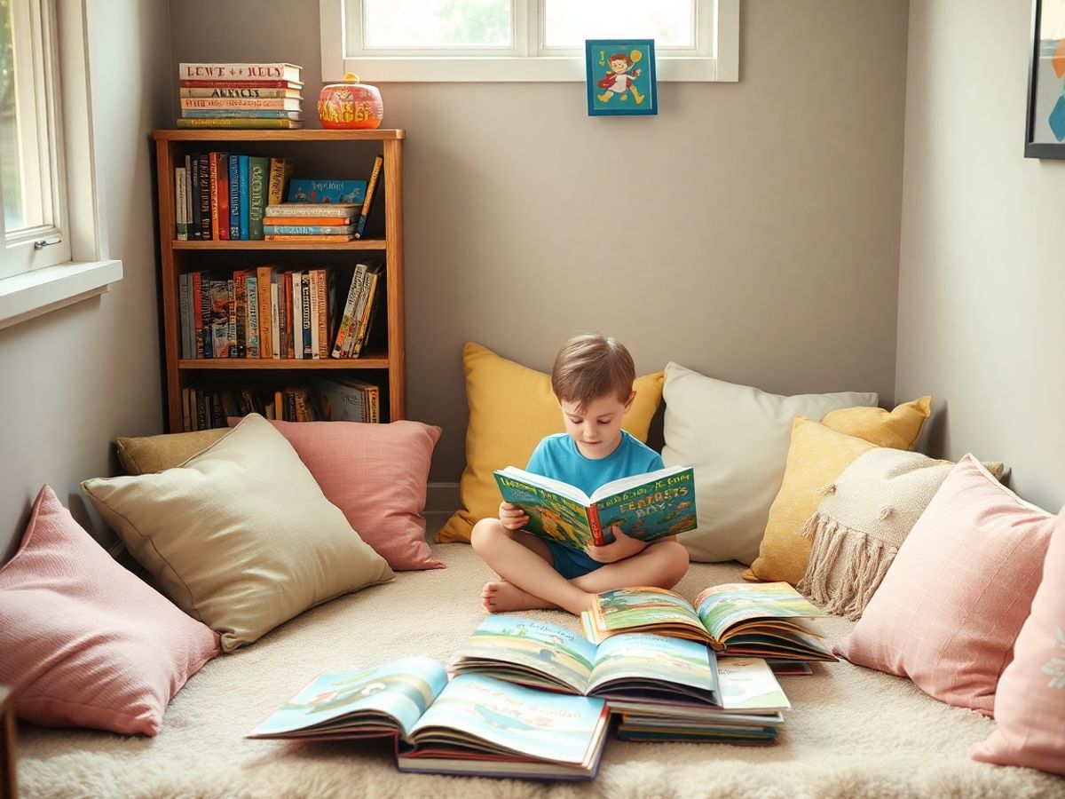 Copil citind într-un colț luminos cu perne colorate și rafturi