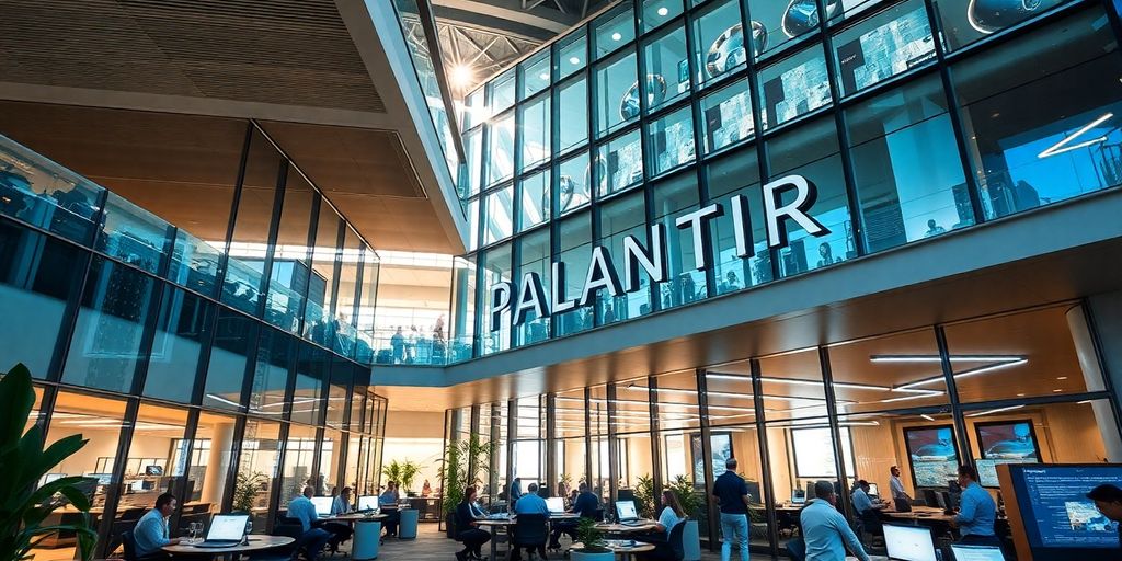 Palantir Technologies headquarters with modern architecture and activity.