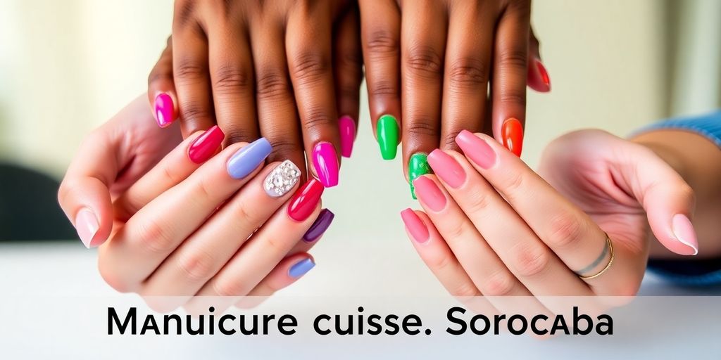 Unhas coloridas e bem feitas com detalhes artísticos.