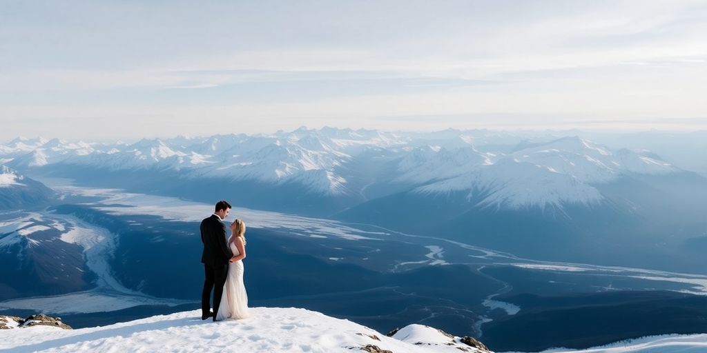 A couple eloping on a vast, snowy Alaskan glacier.