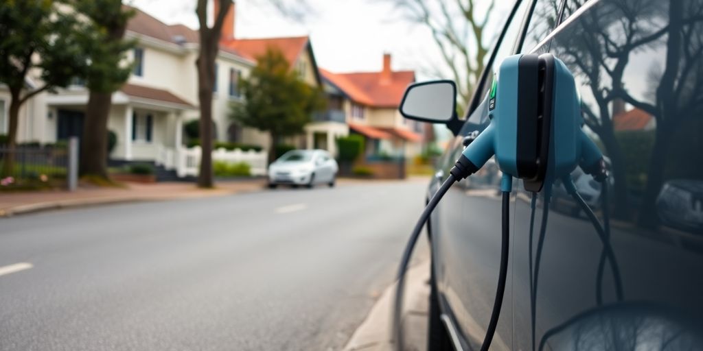 Electric vehicle charging on a city street.