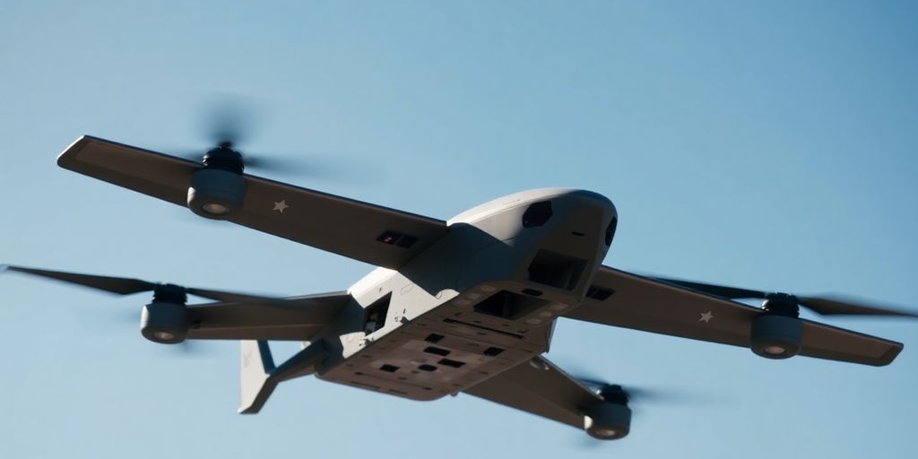 Drone de combat Gambit survolant un paysage militaire.