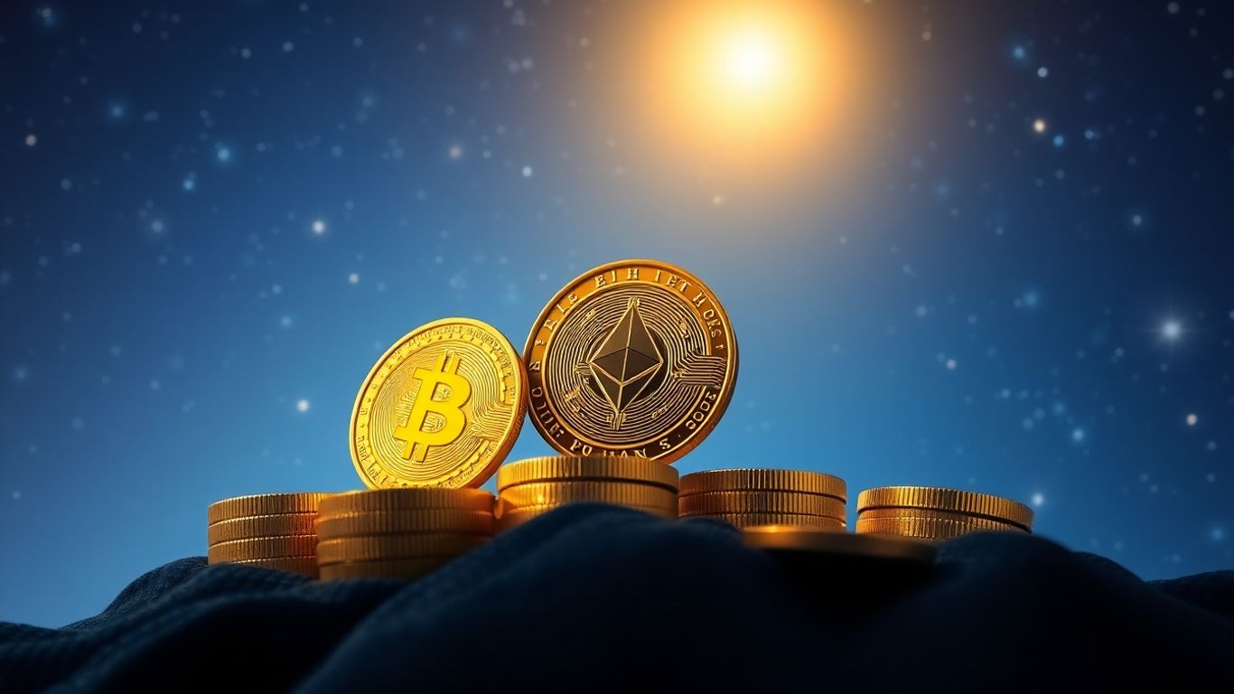 Cryptocurrency coins rising towards a starry sky.