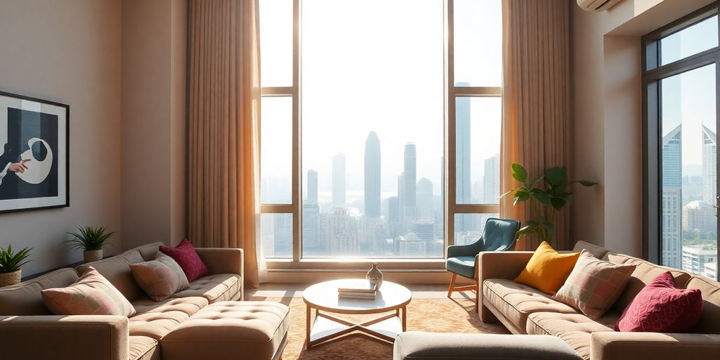 Modern Hong Kong apartment interior with skyline view.