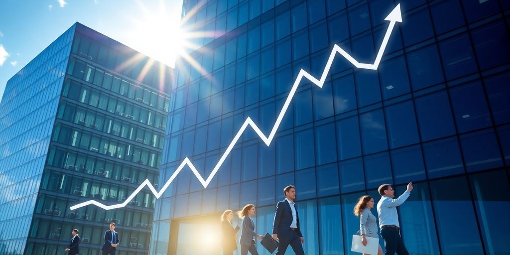 Corporate buildings, rising stock market.