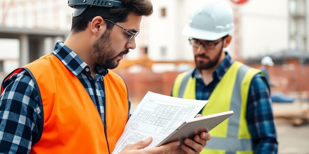 Construction worker using a laptop.