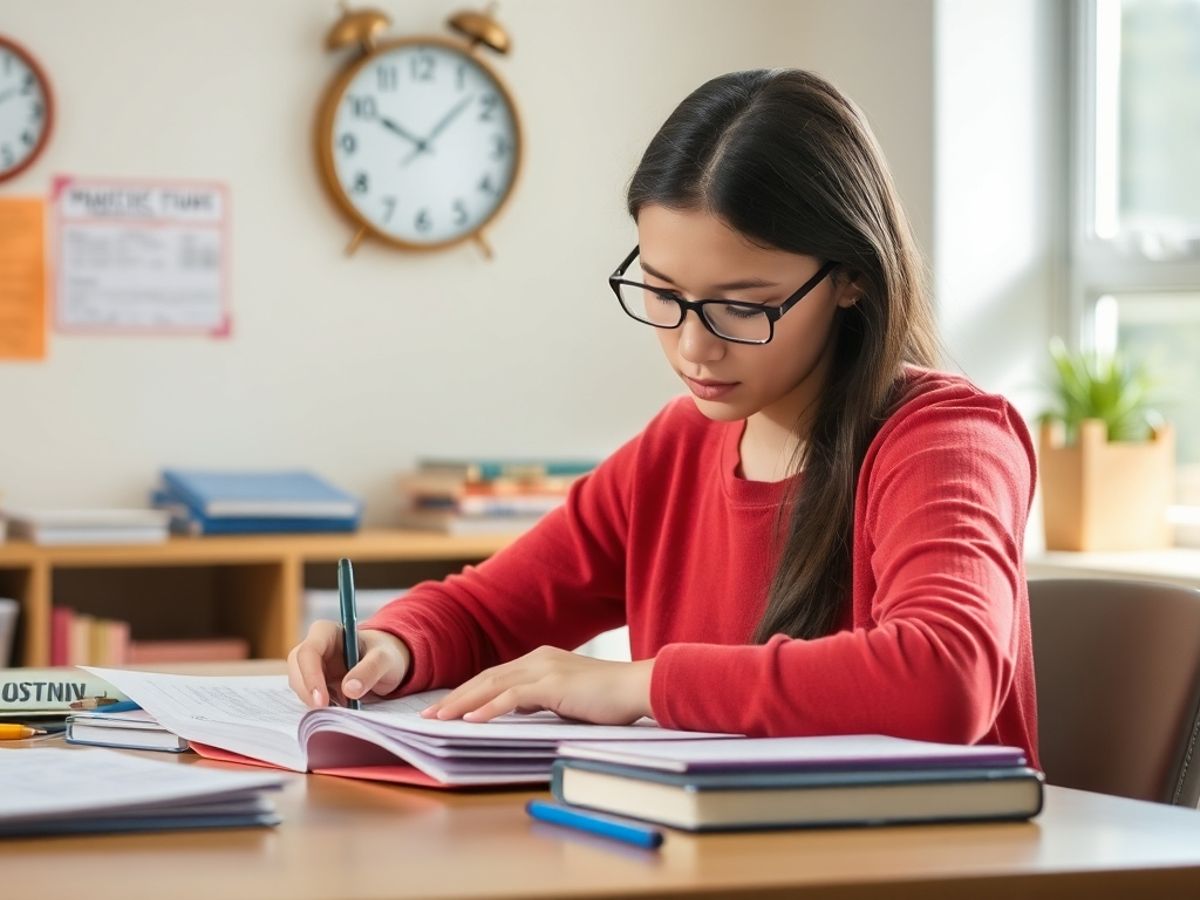 Student concentrating on SAT practice test at a desk.