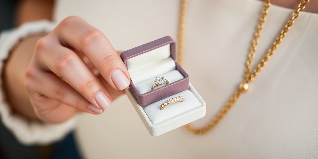 Main d'une personne tenant une boîte à bijoux.