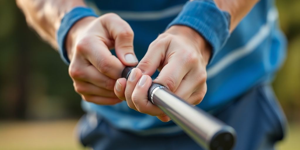 Golfer adjusting grip on a club, preparing to swing.