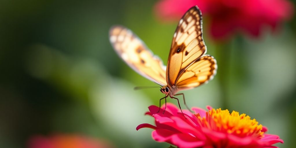 Butterfly on a colorful flower in soft natural light.