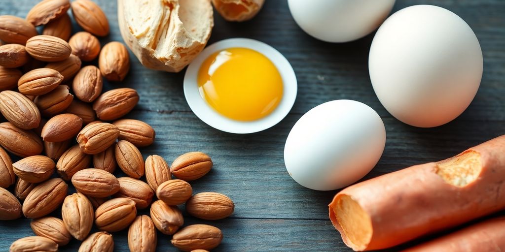 Alimentos ricos em biotina como amêndoas e ovos.