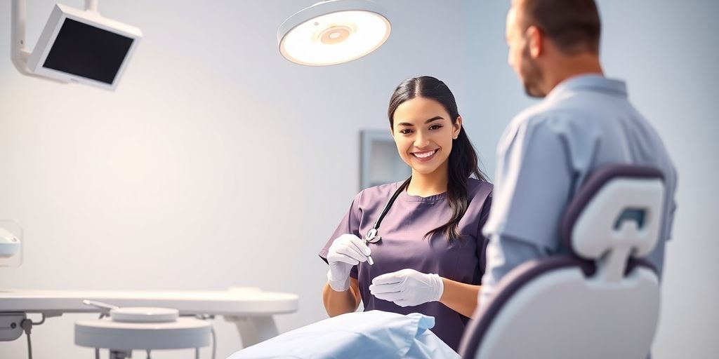 Dentist and dental assistant with patient.