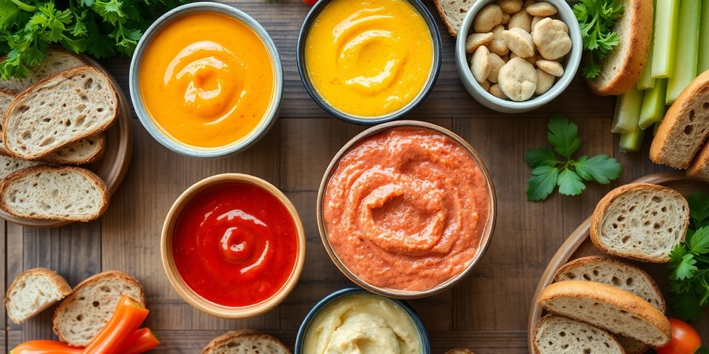 Table colorée avec sauces, tartinades, légumes et pain bio.