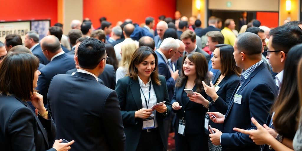 Diverse professionals networking at an event, exchanging ideas.