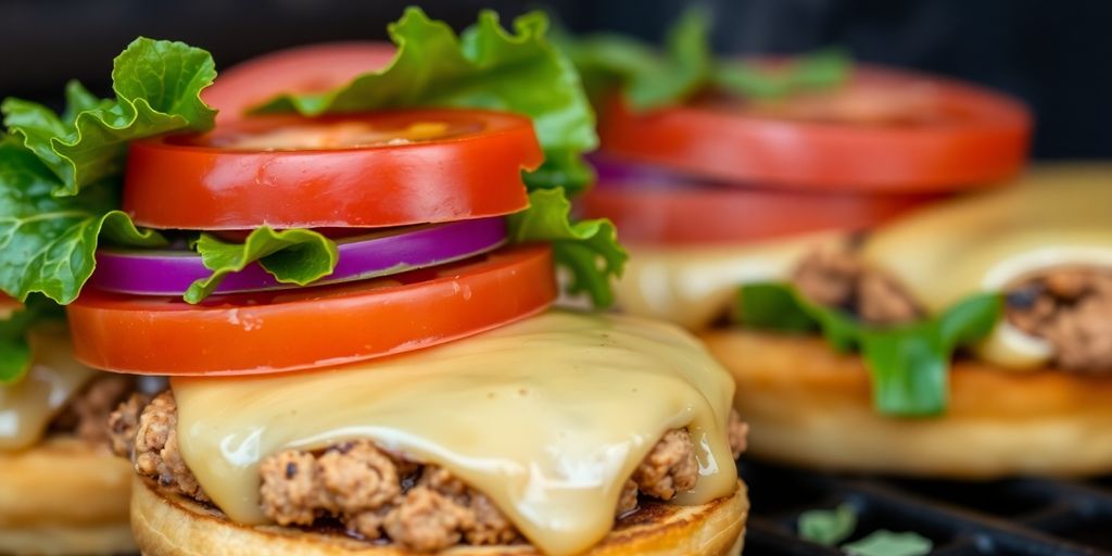 Delicious turkey burgers with fresh toppings on a grill.