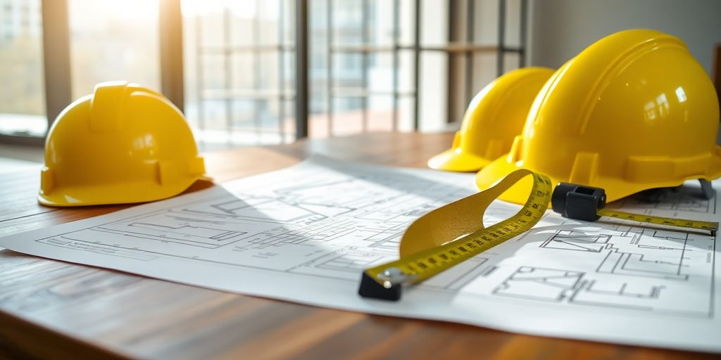Construction site with blueprints and hard hats.