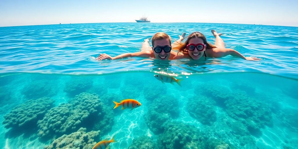 Couple snorkeling in clear blue Cabo waters.