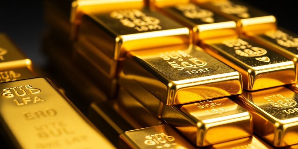 Des barres d'or brillantes empilées sur un fond sombre.