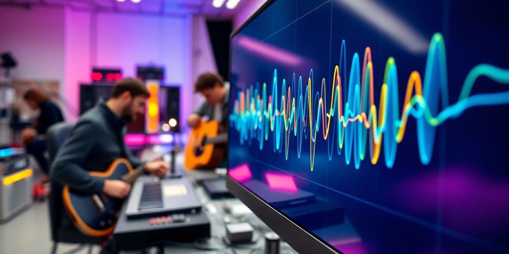 Close-up of soundwave visualization in a music laboratory.