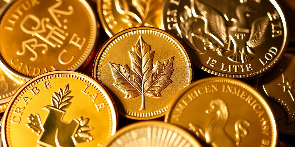 Pièces d'or Krugerrand, Maple Leaf, Napoléon, et Eagle.