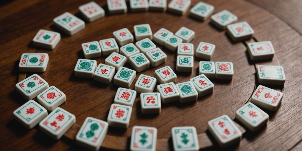Close-up of Mahjong tiles with various symbols