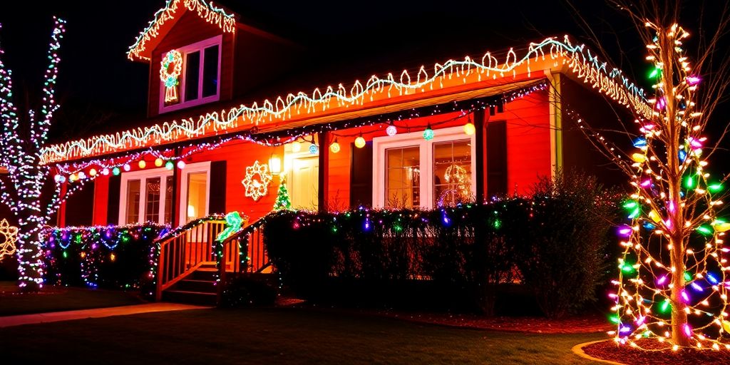 Festive Christmas lights illuminating a house exterior.