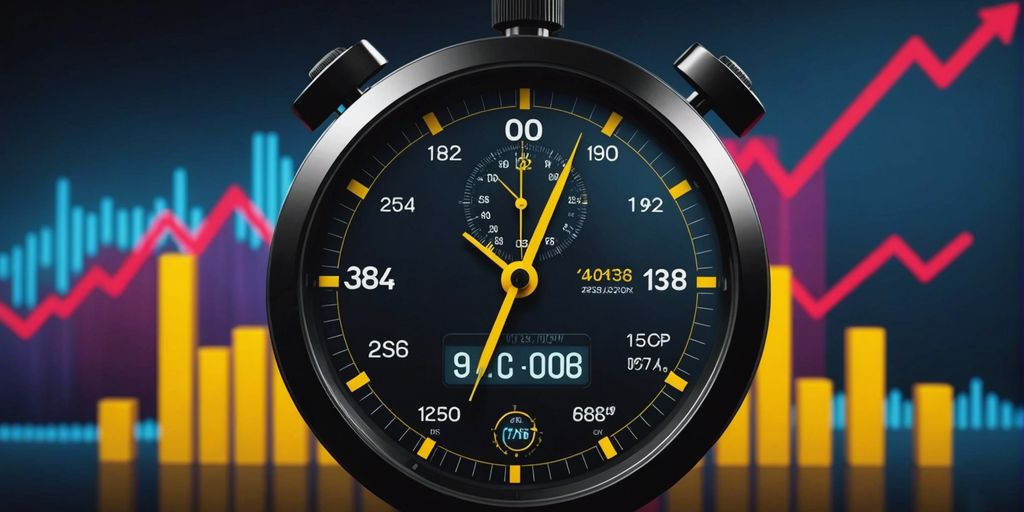 Graph showing upward trend with marketing icons and stopwatch, symbolizing rapid results in performance marketing.